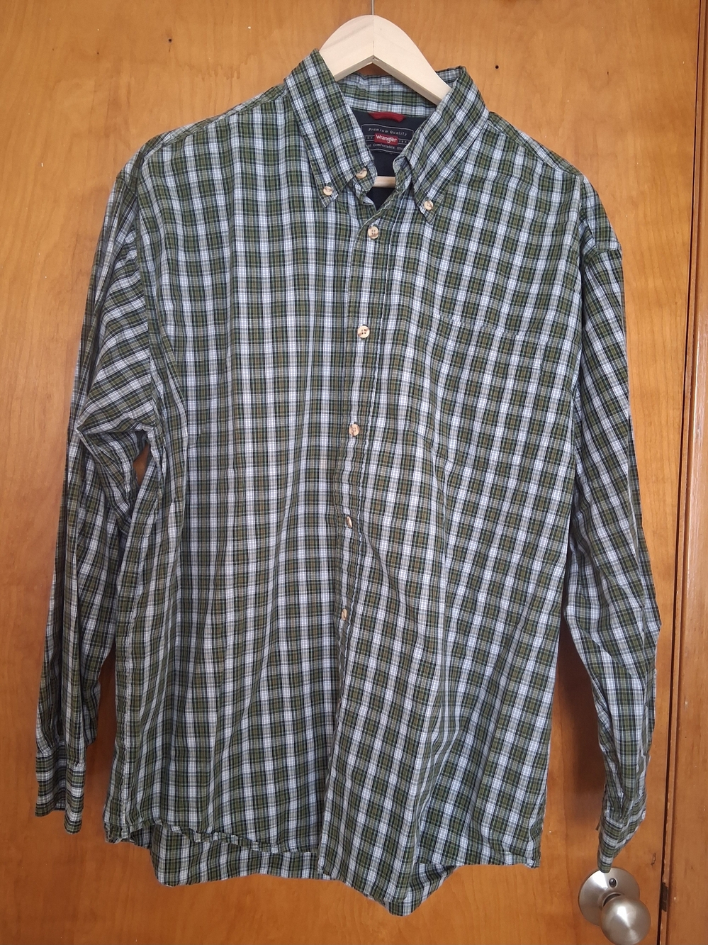 Wrangler L Green Plaid Button Up Shirt Classic Button Down Collar 100% Cotton
